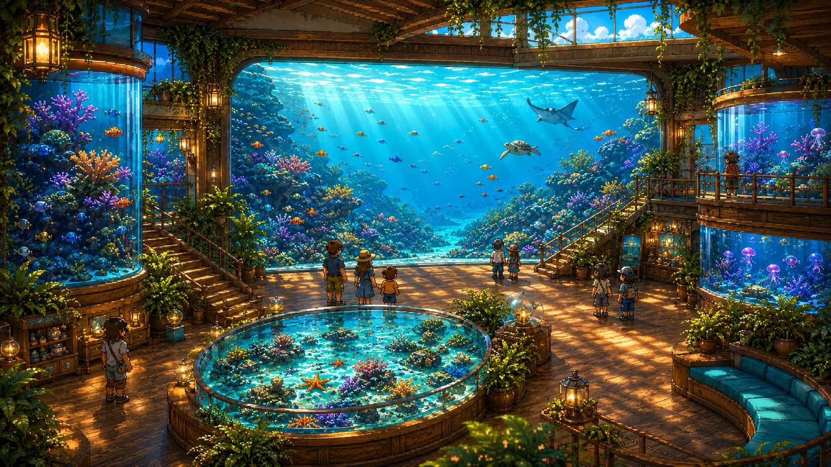 一个温暖明亮的虚拟水族馆游戏场景，玻璃水箱中有珊瑚、热带鱼和经营界面光效。